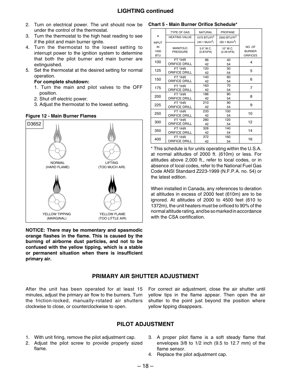 18 – lighting continued, Pilot adjustment, Primary air shutter adjustment | Kees IFG (INDIRECT FIRED GAS) MAKE-UP AIR UNITS - Duct Furnace Installation & Maintenance Manual User Manual | Page 18 / 28