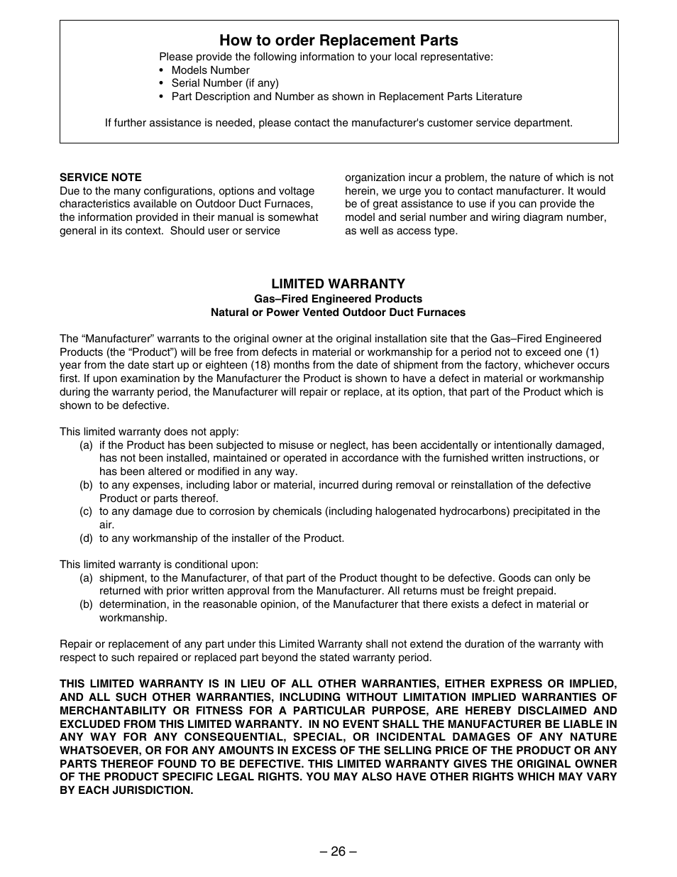 How to order replacement parts | Kees IFG (INDIRECT FIRED GAS) MAKE-UP AIR UNITS - Duct Furnace Installation & Maintenance Manual User Manual | Page 26 / 28