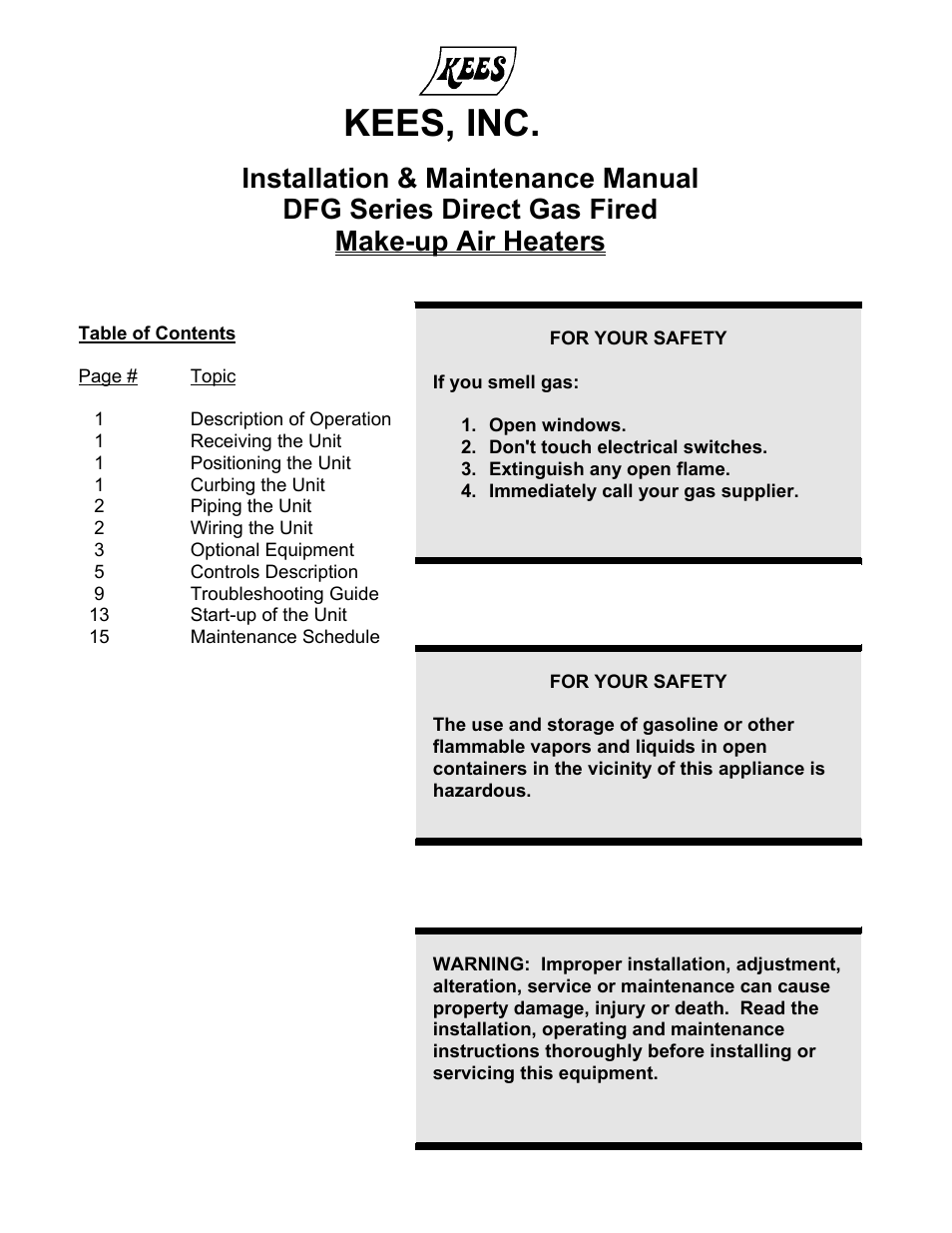 Kees DFG (DIRECT FIRED GAS) MAKE-UP AIR UNITS User Manual | 16 pages