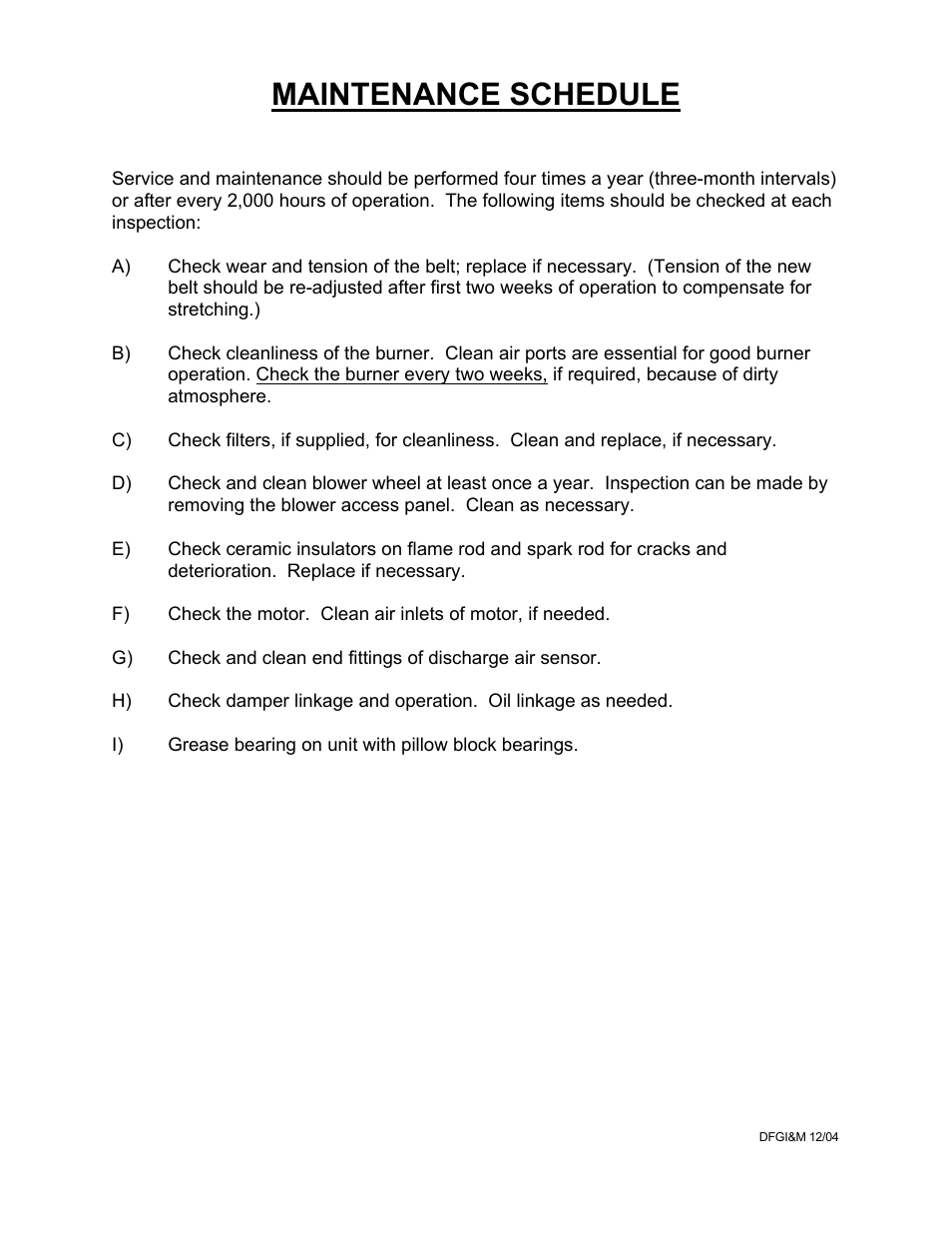 Maintenance schedule | Kees DFG (DIRECT FIRED GAS) MAKE-UP AIR UNITS User Manual | Page 16 / 16