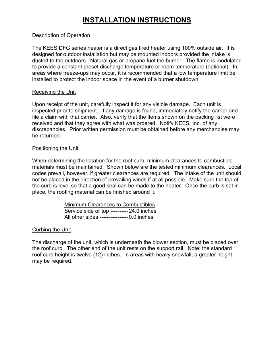 Installation instructions | Kees DFG (DIRECT FIRED GAS) MAKE-UP AIR UNITS User Manual | Page 2 / 16