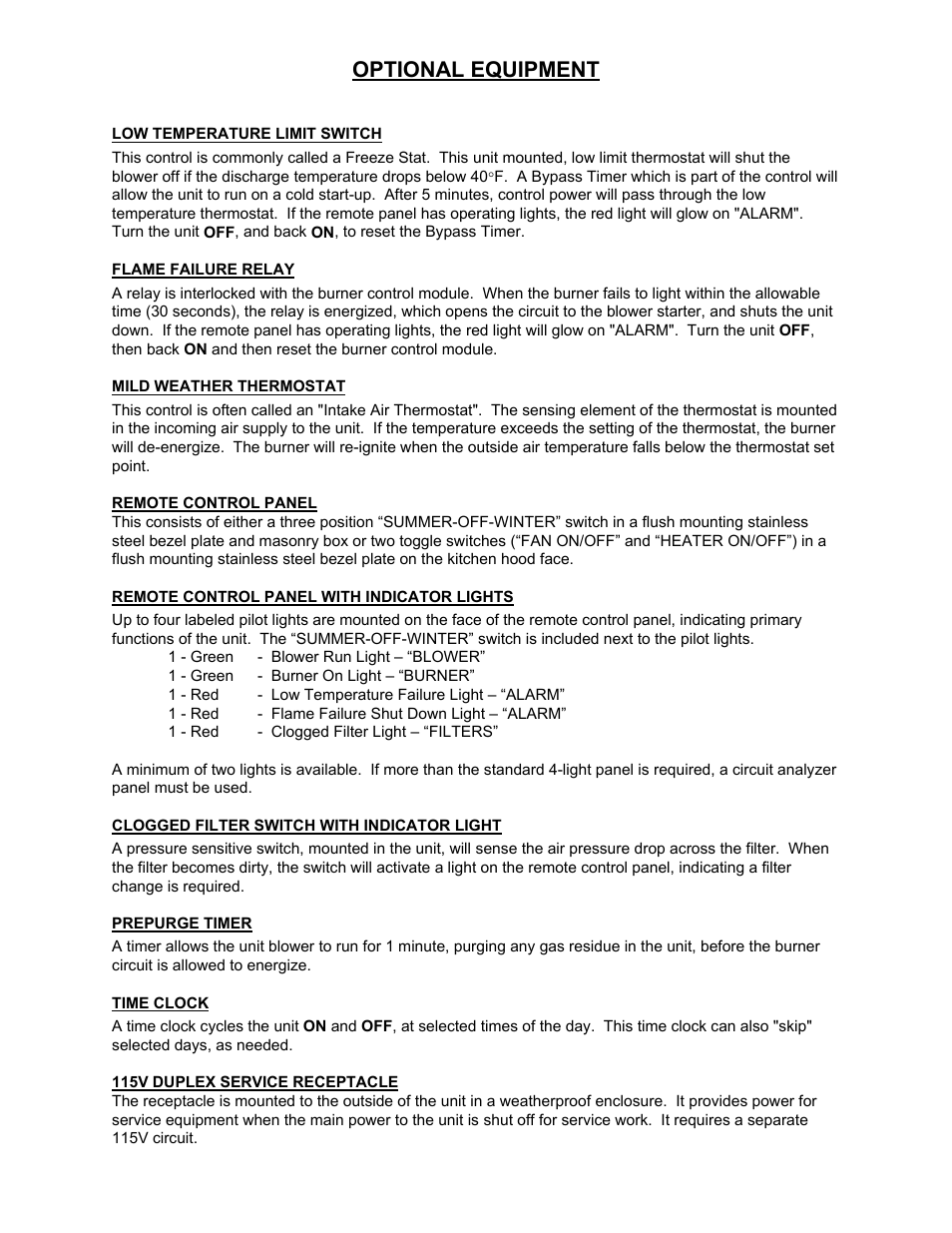Remote control panel, Optional equipment | Kees DFG (DIRECT FIRED GAS) MAKE-UP AIR UNITS User Manual | Page 4 / 16