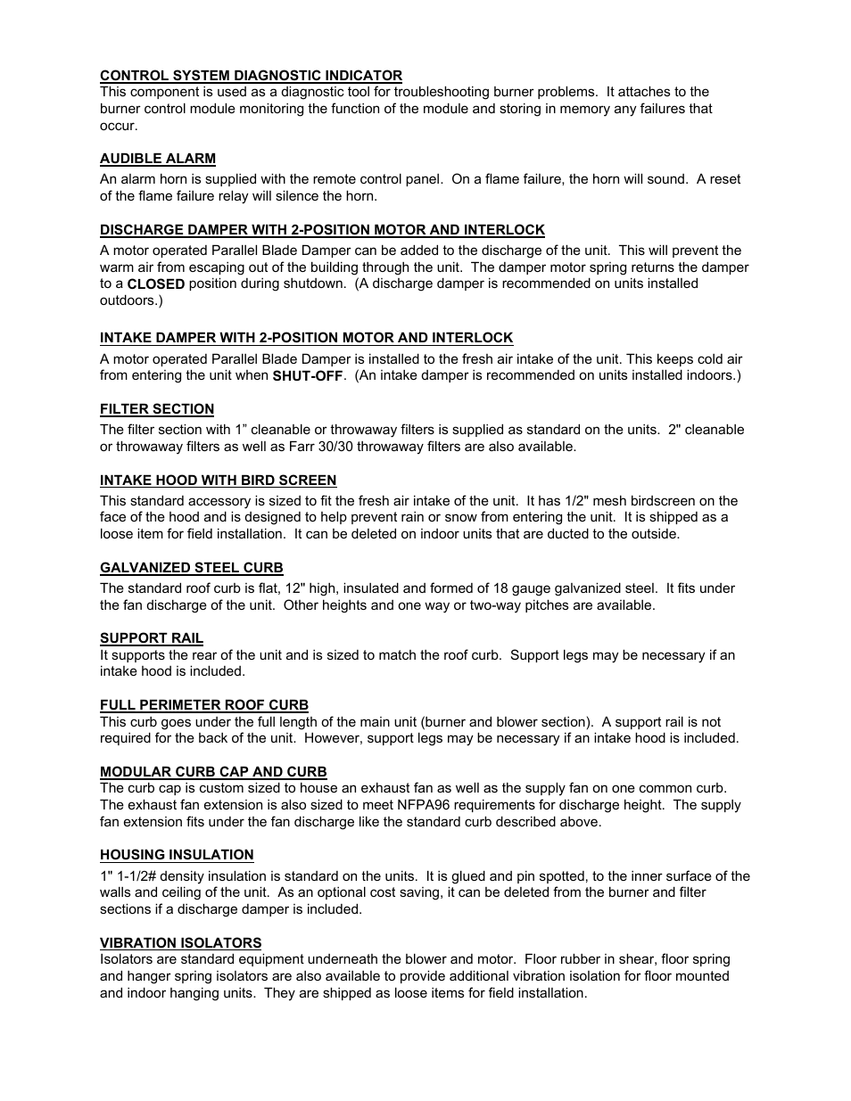Control system diagnostic indicator, Support rail, Full perimeter roof curb | Modular curb cap and curb, Vibration isolators | Kees DFG (DIRECT FIRED GAS) MAKE-UP AIR UNITS User Manual | Page 5 / 16