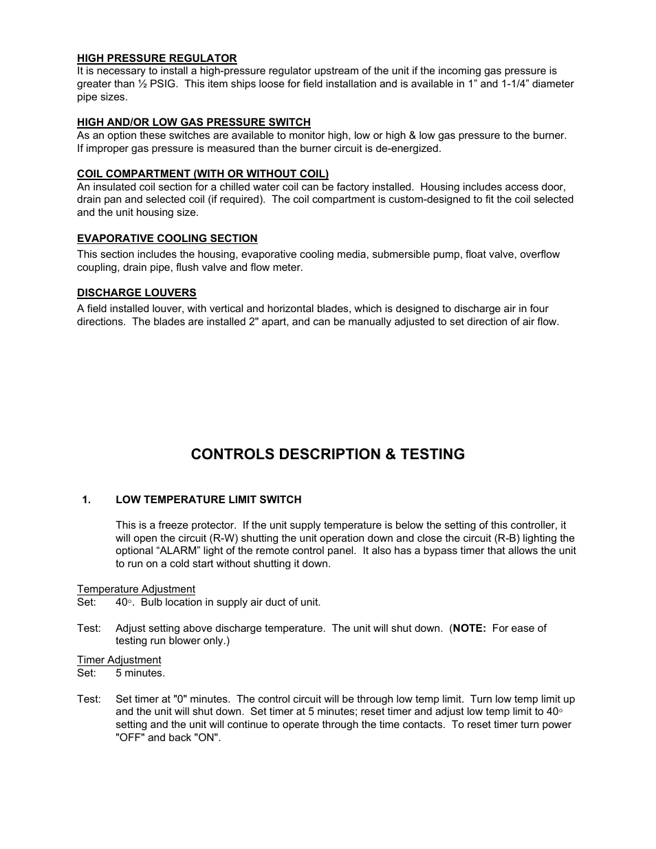 High pressure regulator, High and/or low gas pressure switch, Timer adjustment | Controls description & testing | Kees DFG (DIRECT FIRED GAS) MAKE-UP AIR UNITS User Manual | Page 6 / 16