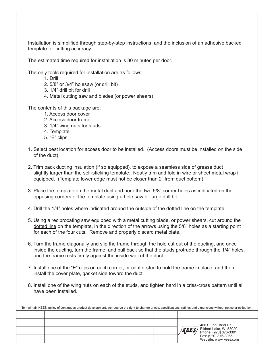 Kees KEDU GREASE DUCT ACCESS DOOR User Manual | 1 page