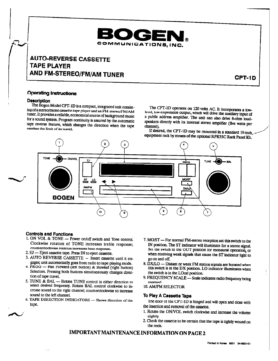 Bogen CPT-1D User Manual | 2 pages