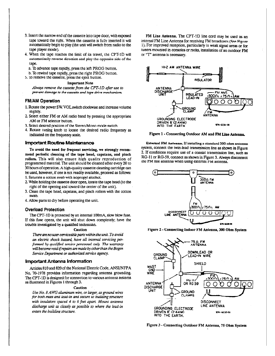 Fm/am operation, Important rojtine maintenance, Overload protection | Important antenna information, T-'^<3^0und | Bogen CPT-1D User Manual | Page 2 / 2