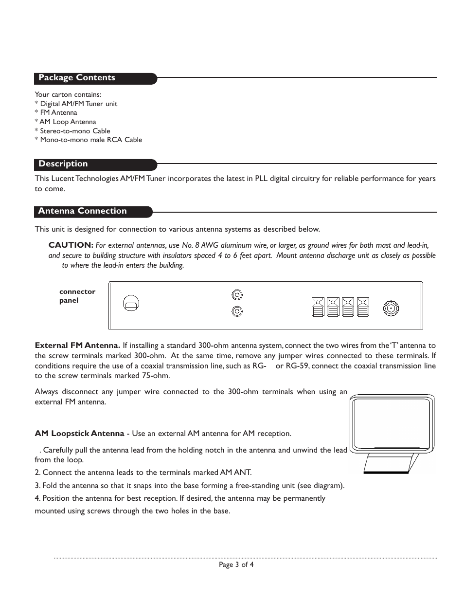 Digital am / fm tuner, Antenna connection, Description | Package contents | Bogen LUAMFMT User Manual | Page 3 / 4
