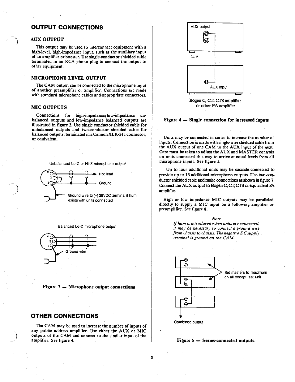 Output connections, Aux output, Microphone level output | Mic outputs, Other connections, Figure 4 — single connection for increased inputs, L4—1 | Bogen CAM User Manual | Page 3 / 4