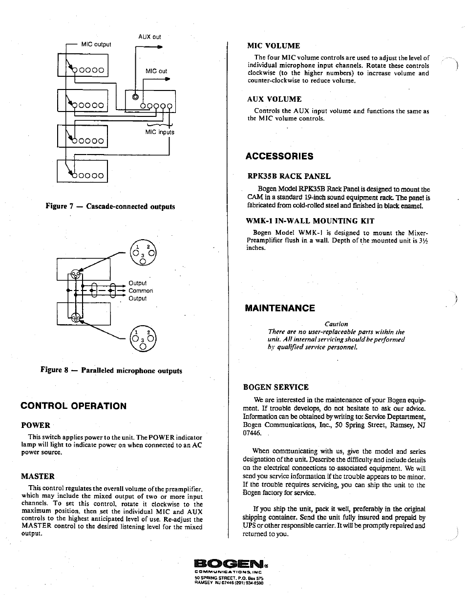 Control operation, Power, Master | Mic volume, Aux volume, Accessories, Rpk35b rack panel, Wmk-1 in-wall mounting kit, Maintenance, Bogen service | Bogen CAM User Manual | Page 4 / 4