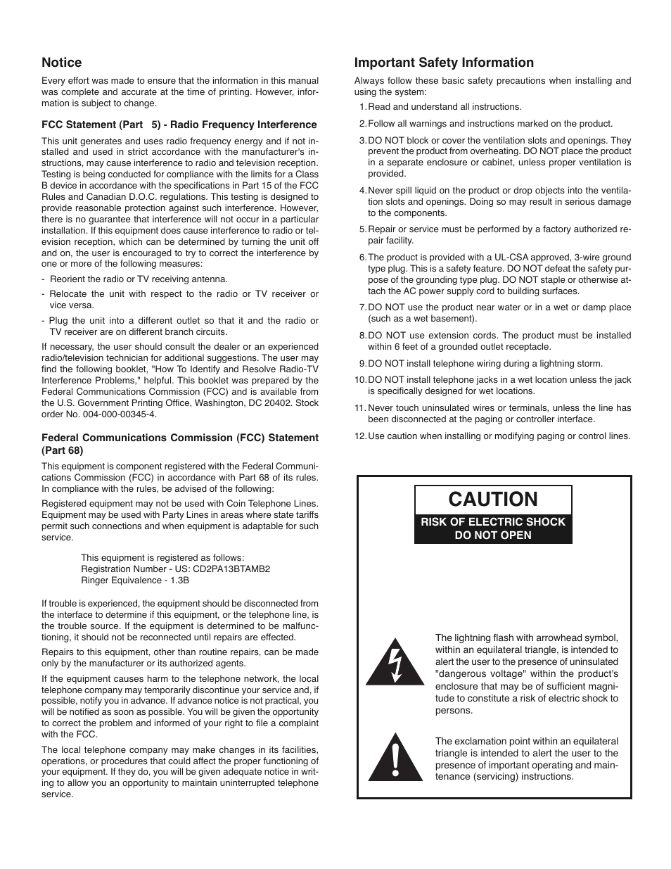 Caution, Notice, Important safety information | Bogen TAMB2 User Manual | Page 2 / 8