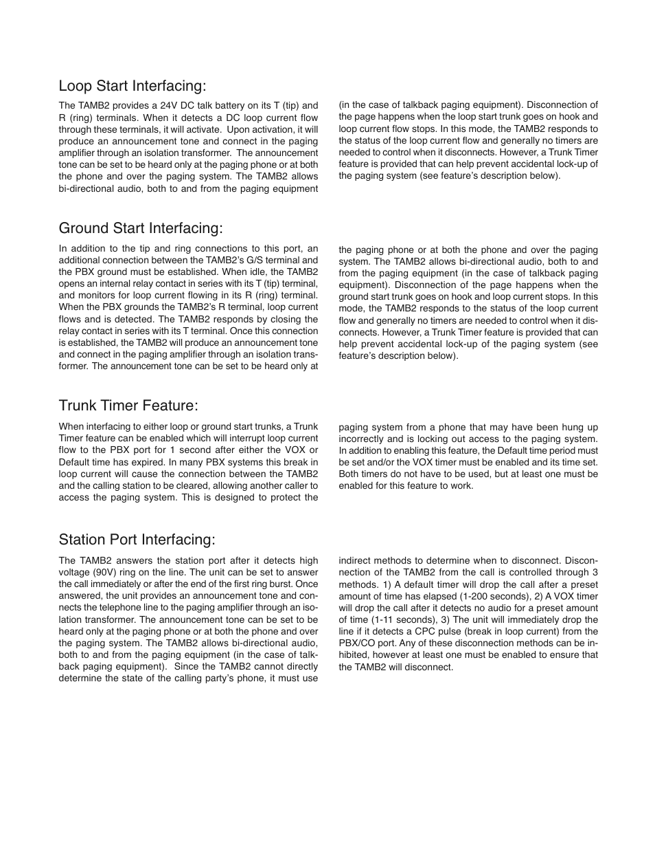 Theory of operation, Loop start interfacing, Station port interfacing | Ground start interfacing, Trunk timer feature | Bogen TAMB2 User Manual | Page 3 / 8