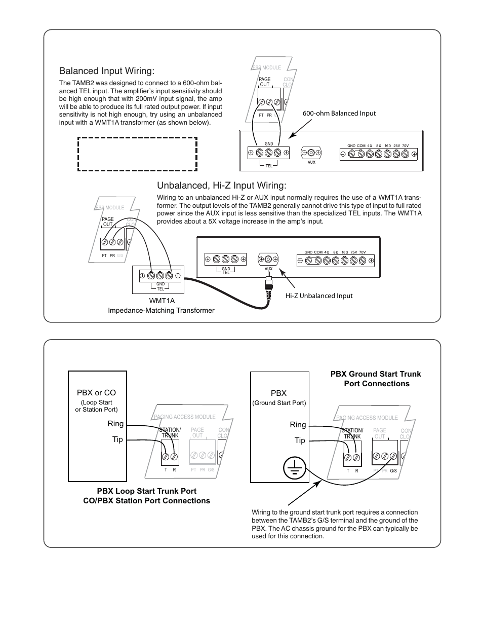 Balanced input wiring, Unbalanced, hi-z input wiring, Important | Bogen TAMB2 User Manual | Page 4 / 8