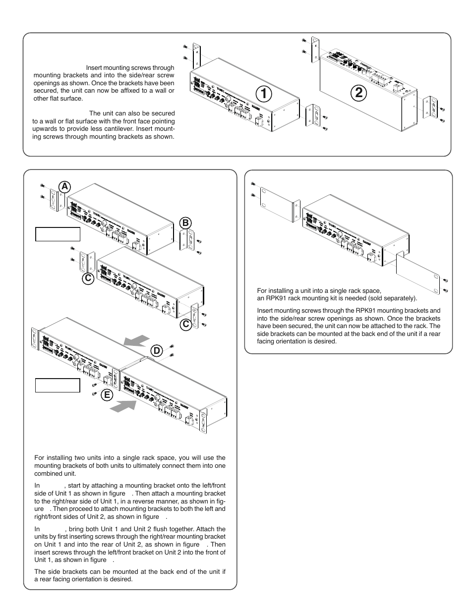 Side-by-side rack mounting, Wall mounting, Single unit rack mounting | Step 1, Step 2 | Bogen TAMB2 User Manual | Page 7 / 8