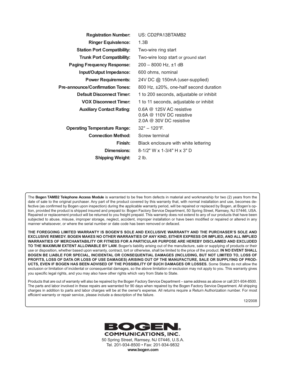 Specifications, Limited warranty; exclusion of certain damages | Bogen TAMB2 User Manual | Page 8 / 8