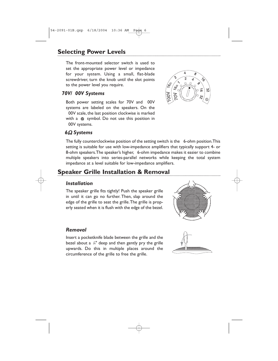 Selecting power levels, Speaker grille installation & removal | Bogen HFCS1 User Manual | Page 6 / 8