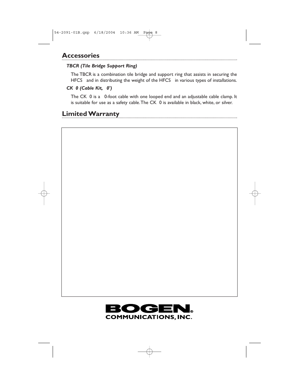 Accessories, Limited warranty | Bogen HFCS1 User Manual | Page 8 / 8