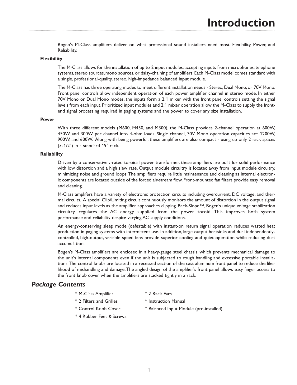 Introduction, Package contents | Bogen M600 User Manual | Page 5 / 20