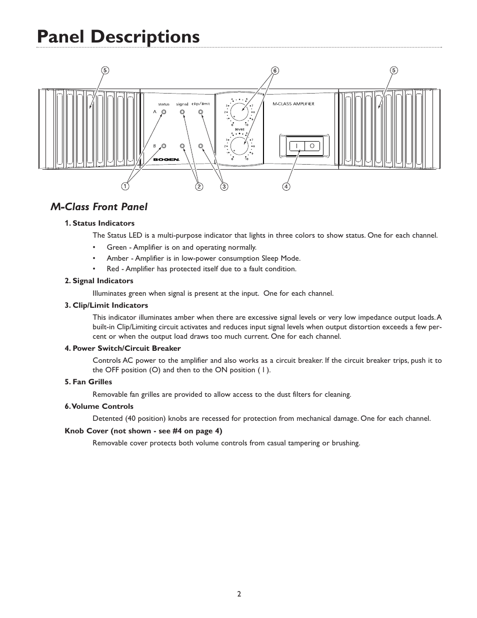 Panel descriptions, M-class front panel | Bogen M600 User Manual | Page 6 / 20