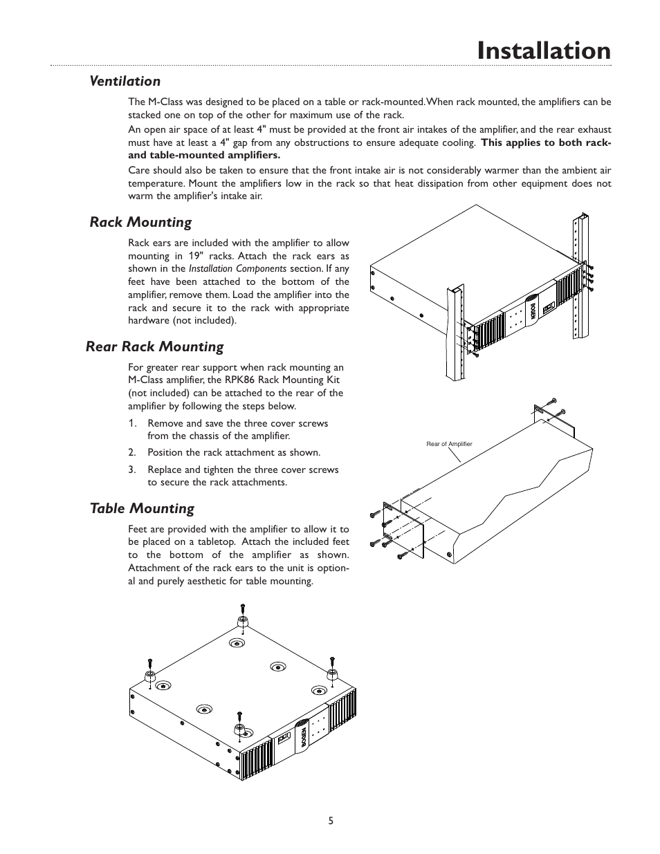 Installation, Ventilation, Rack mounting | Rear rack mounting, Table mounting | Bogen M600 User Manual | Page 9 / 20