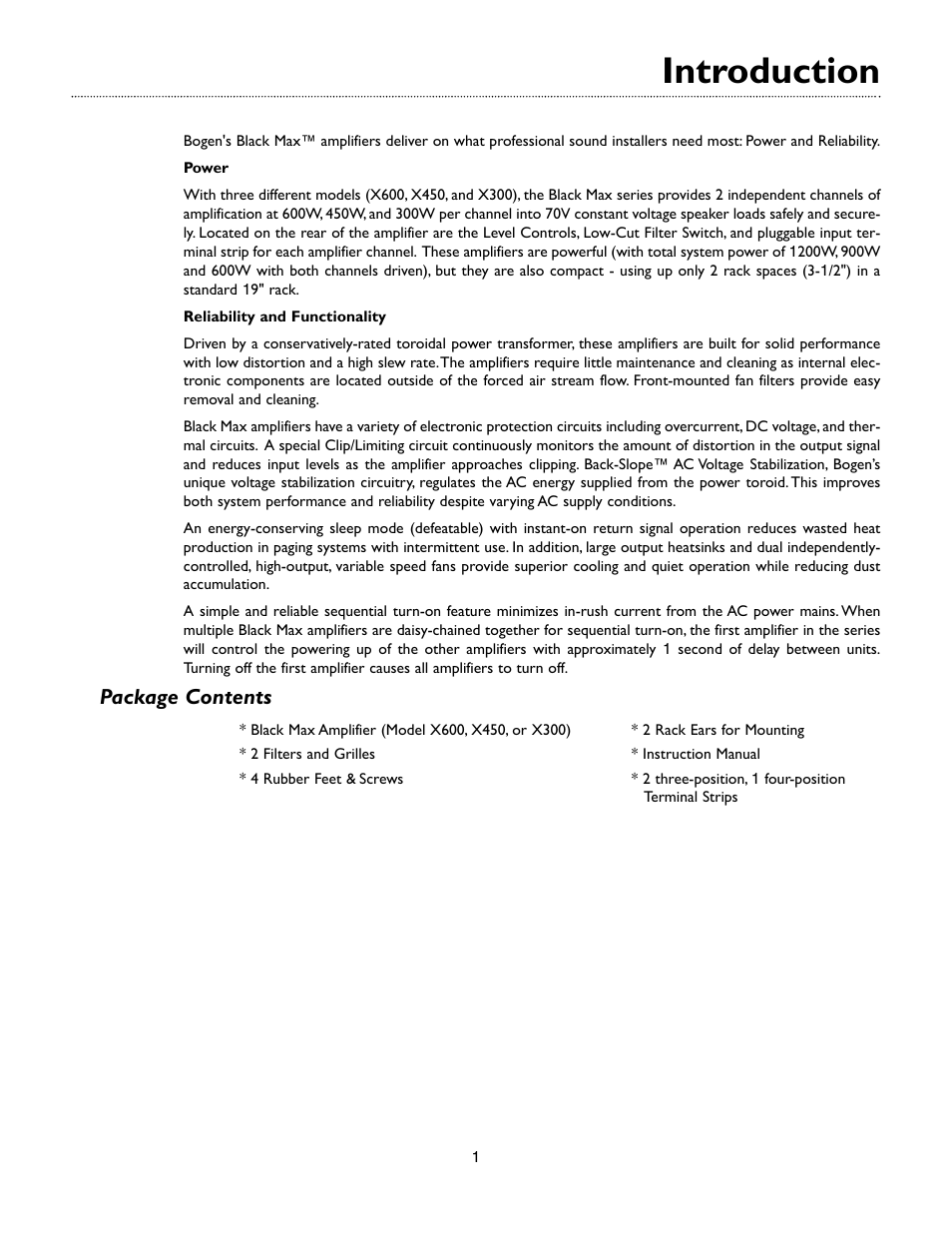 Introduction, Package contents | Bogen Black Max Amplifier X600 User Manual | Page 4 / 15