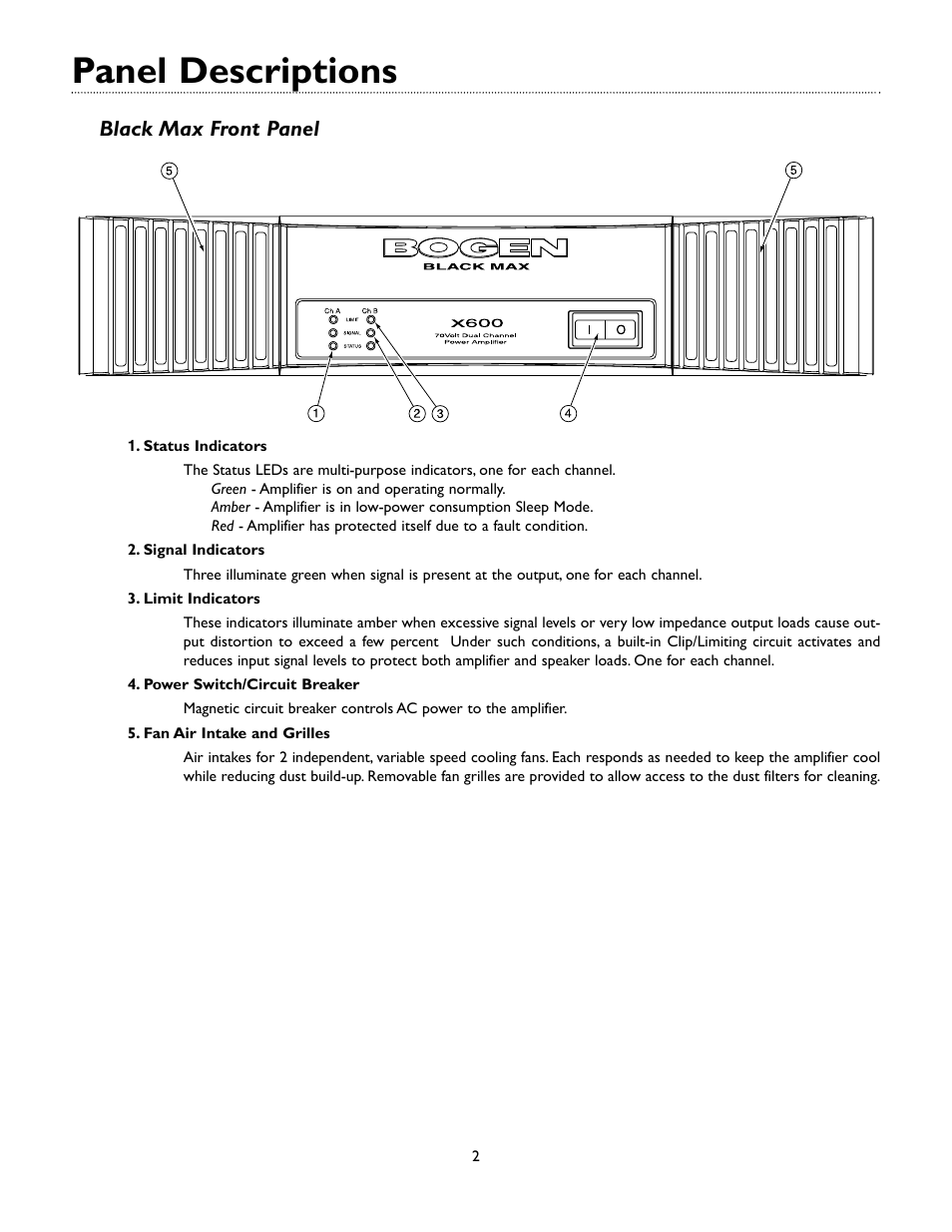 Panel descriptions, Black max front panel | Bogen Black Max Amplifier X600 User Manual | Page 5 / 15