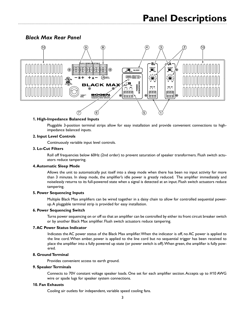 Panel descriptions, Black max rear panel | Bogen Black Max Amplifier X600 User Manual | Page 6 / 15