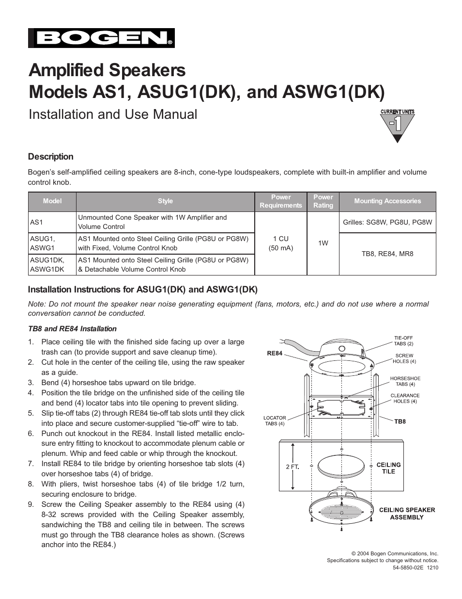 Bogen ASWG1 User Manual | 2 pages