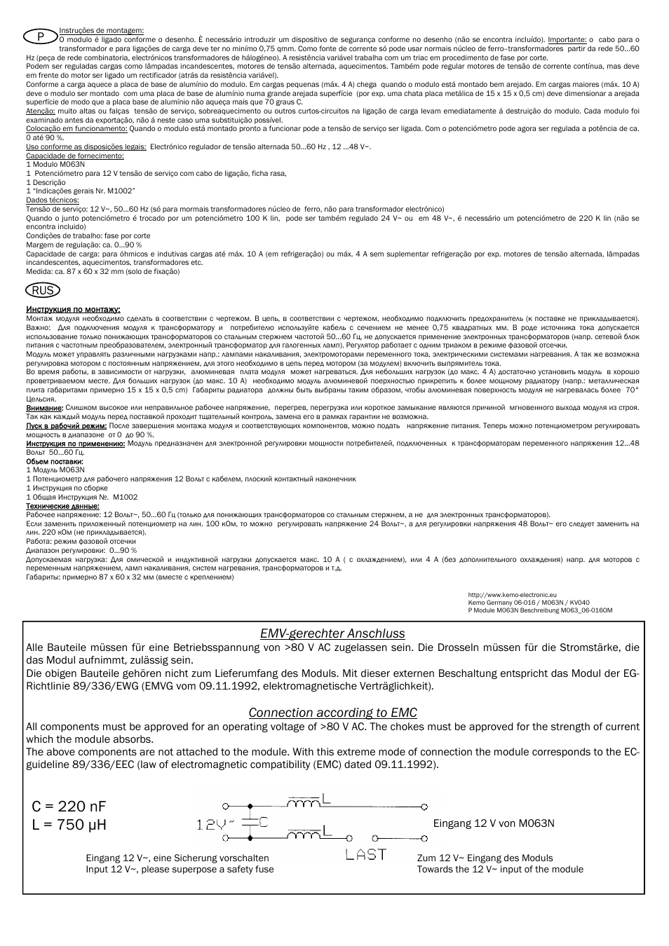 Emv-gerechter anschluss, Connection according to emc, Prus | Kemo Electronic M063N User Manual | Page 4 / 4