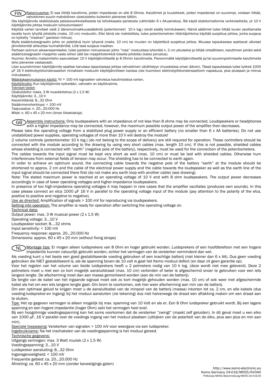 Gb nl fin | Kemo Electronic M055 User Manual | Page 3 / 4