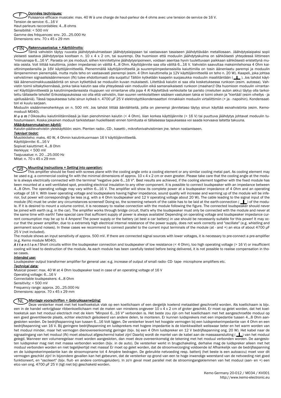 Fin f gb nl | Kemo Electronic M034 User Manual | Page 2 / 4