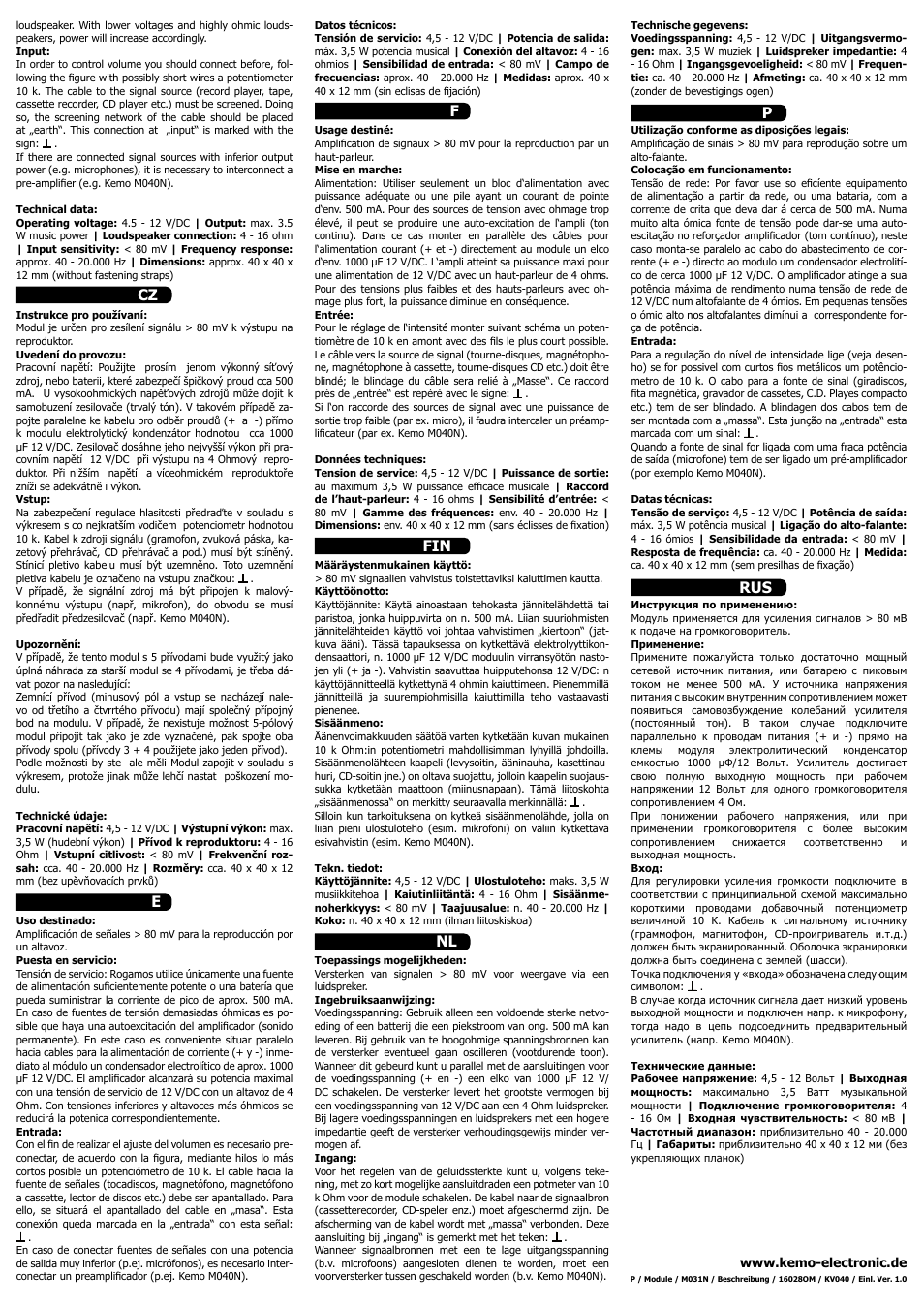 Rus fin cz e f nl p | Kemo Electronic M031N User Manual | Page 2 / 2