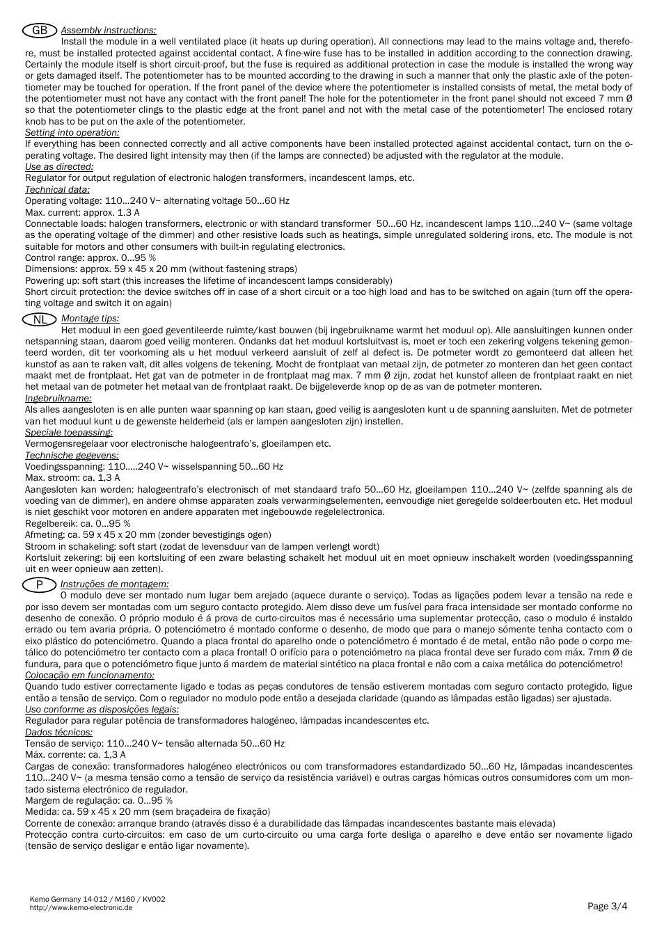 Nl gb | Kemo Electronic M160 User Manual | Page 3 / 4