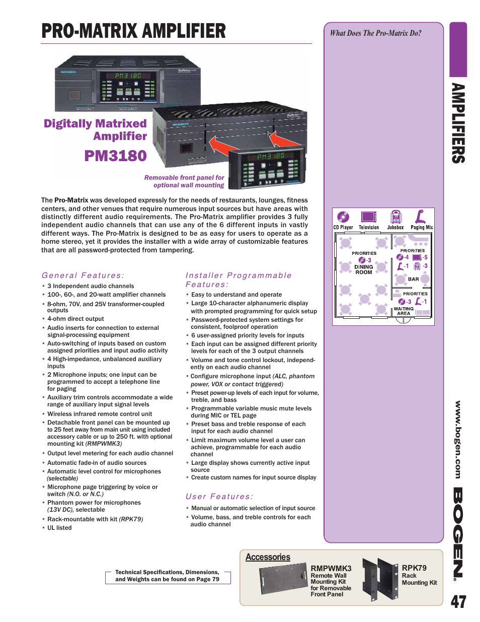 Pro-matrix amplifier, 47 amplifiers, Pm3180 | Digitally matrixed amplifier, Accessories | Bogen V60 User Manual | Page 10 / 13