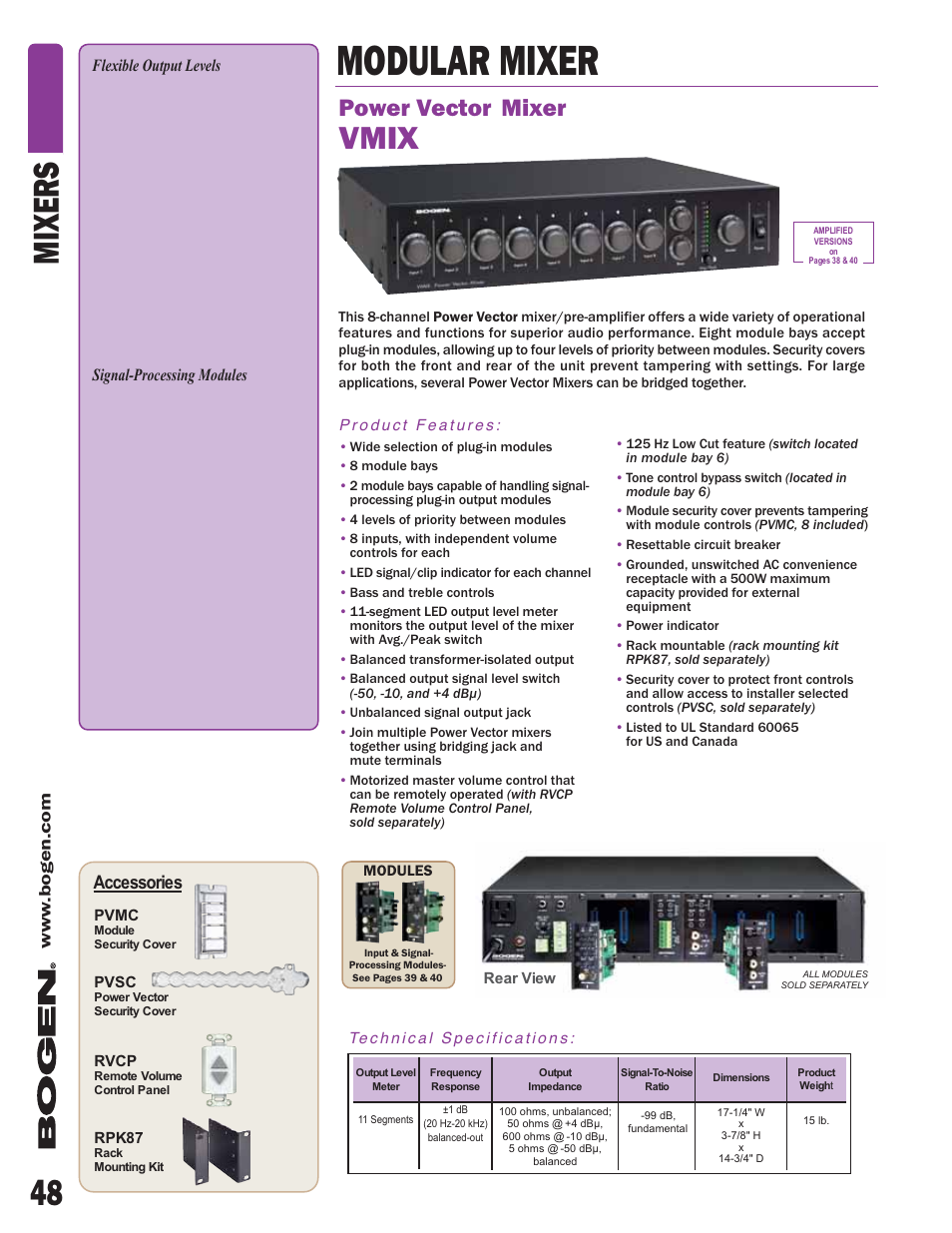 Modular mixer, 48 mixers, Vmix | Power vector mixer, Accessories | Bogen V60 User Manual | Page 11 / 13