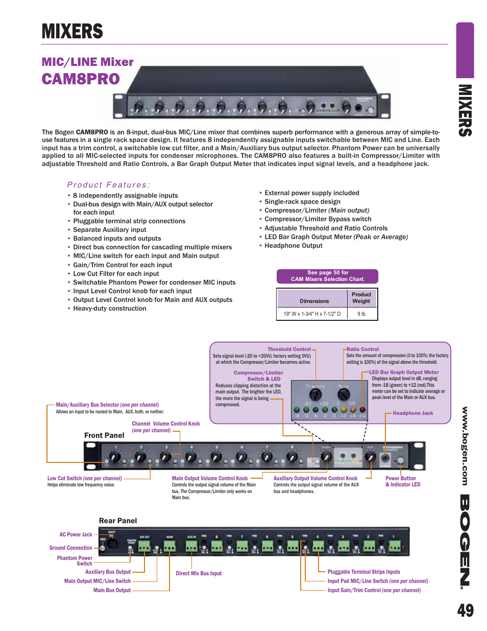 Mixers, 49 mixers, Cam8pro | Mic/line mixer | Bogen V60 User Manual | Page 12 / 13