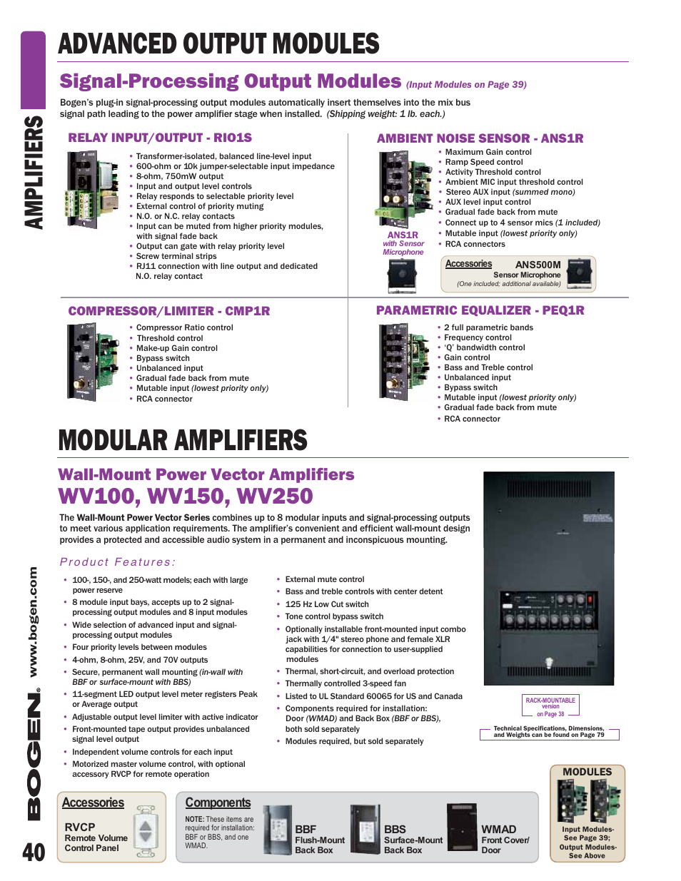 Advanced output modules modular amplifiers, 40 amplifiers, Signal-processing output modules | Wall-mount power vector amplifiers, Accessories, Components, Parametric equalizer - peq1r, Compressor/limiter - cmp1r, Relay input/output - rio1s, Ambient noise sensor - ans1r | Bogen V60 User Manual | Page 3 / 13