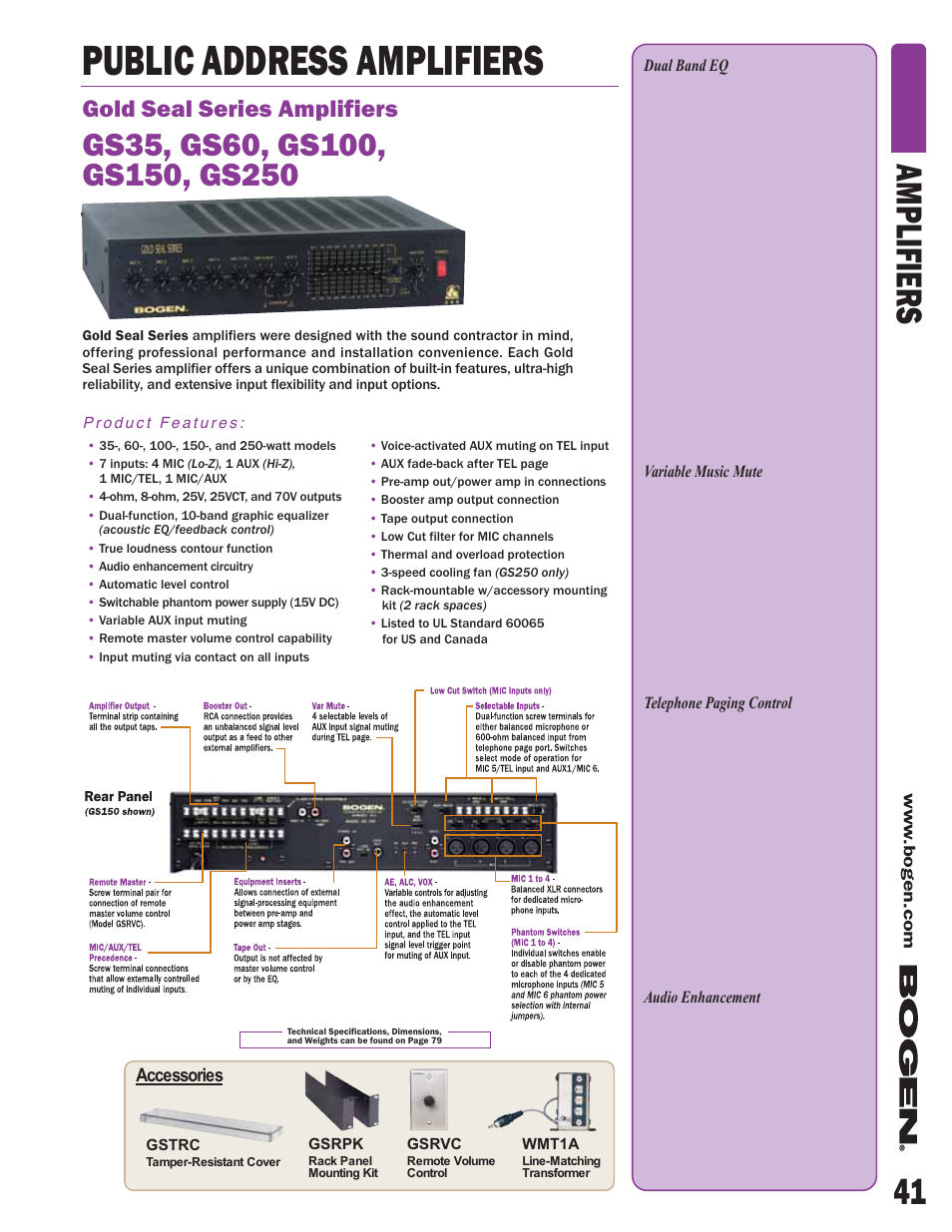 Public address amplifiers, 41 amplifiers, Gold seal series amplifiers | Bogen V60 User Manual | Page 4 / 13