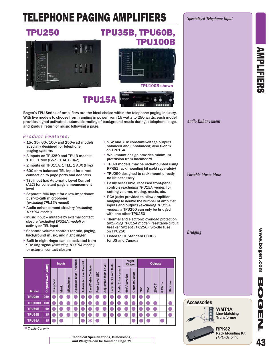 Telephone paging amplifiers, 43 amplifiers, Tpu15a | Accessories | Bogen V60 User Manual | Page 6 / 13