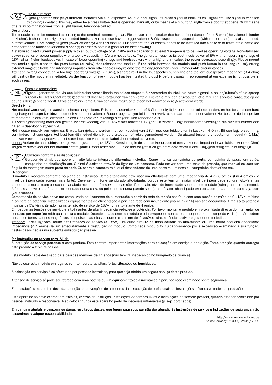 Pnl gb | Kemo Electronic M141 User Manual | Page 3 / 4