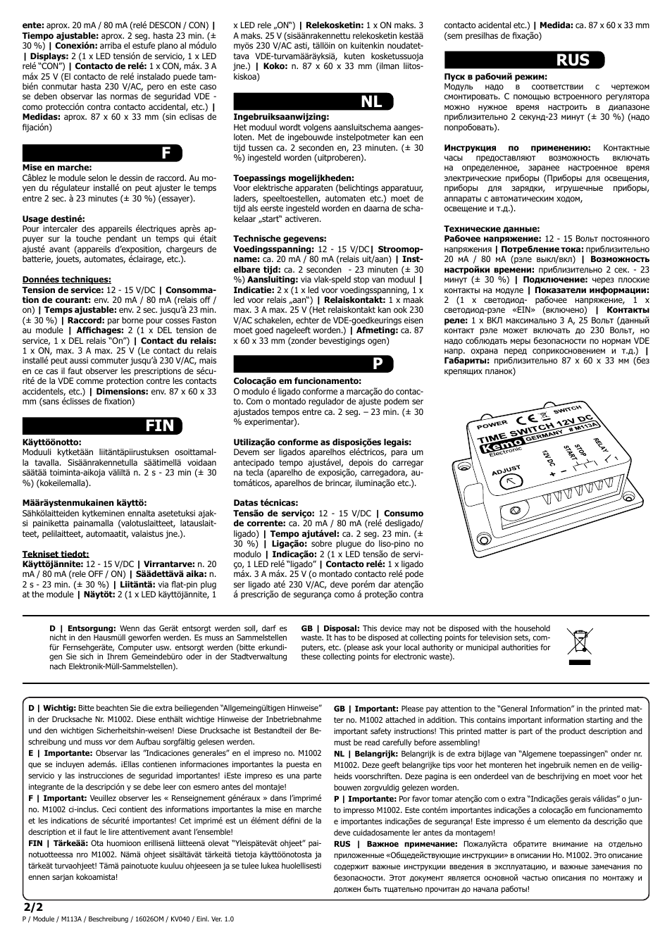 Nl f p fin rus | Kemo Electronic M113A User Manual | Page 2 / 2