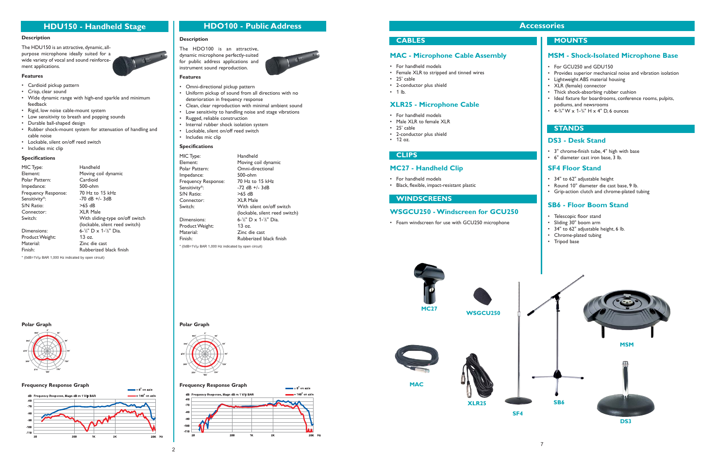 Accessories, Hdu 150 - handheld stage, Hdo 100 - public address | Mac - microphone cable assembly, Msm - shock-isolated microphone base, Sb6 - floor boom stand, Sf4 floor stand, Ds3 - desk stand, Mc27 - handheld clip, Xlr25 - microphone cable | Bogen MGN19 User Manual | Page 2 / 8