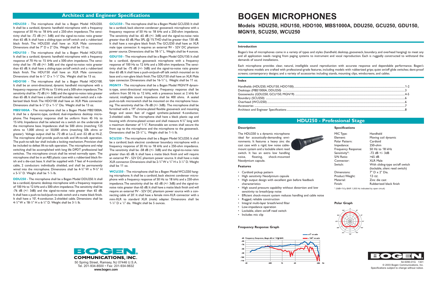 Bogen microphones, Hdu250 - professional stage | Bogen MGN19 User Manual | Page 8 / 8