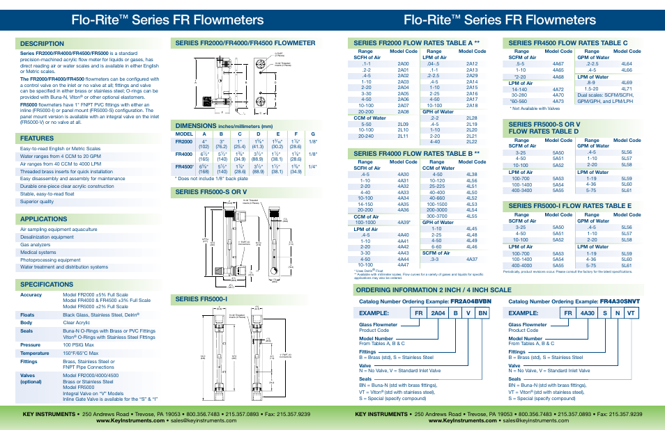 Flo-rite, Series fr flowmeters, Description | Specifications, Features, Dimensions, Series fr2000 flow rates table a, Series fr4000 flow rates table b, Series fr4500 flow rates table c, Series fr5000-s or v flow rates table d | Key Instruments FR4500 Series User Manual | Page 2 / 4