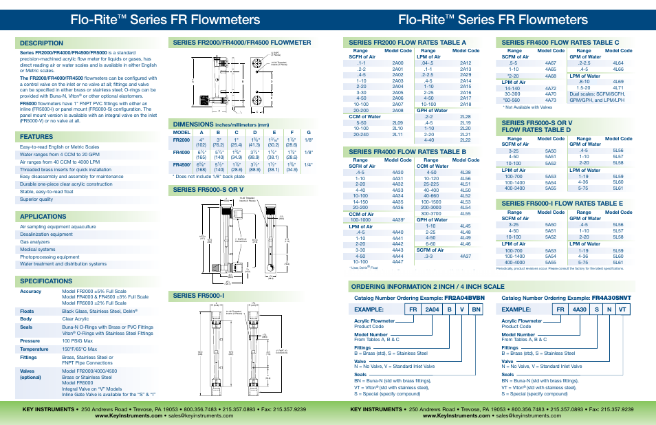 Flo-rite, Series fr flowmeters, Description | Specifications, Features, Dimensions, Series fr2000 flow rates table a, Series fr4000 flow rates table b, Series fr4500 flow rates table c, Series fr5000-s or v flow rates table d | Key Instruments FR4500 Series User Manual | Page 3 / 4