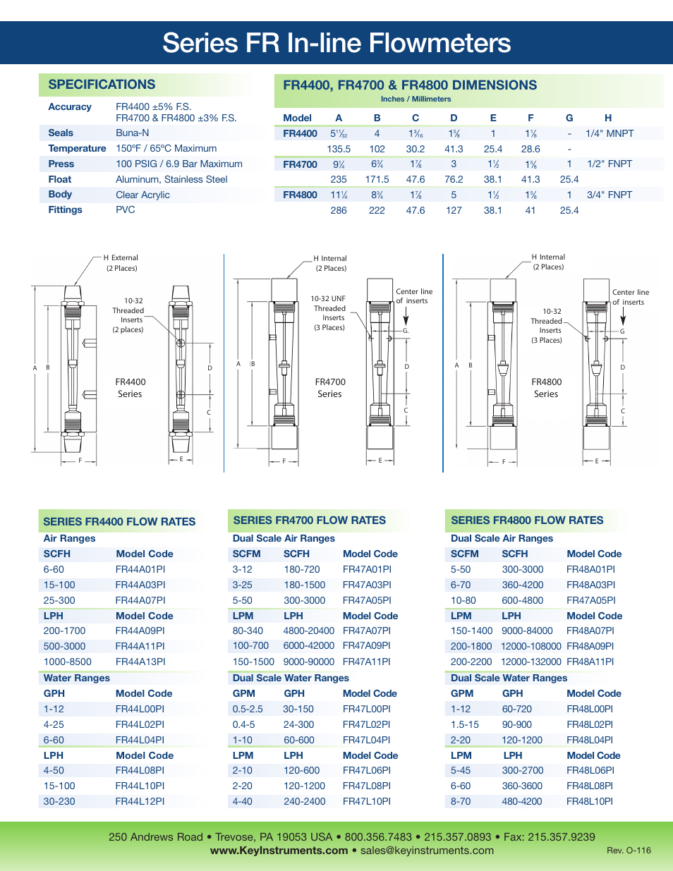 Series fr in-line flowmeters, Specifications | Key Instruments FR5000 Series User Manual | Page 2 / 2