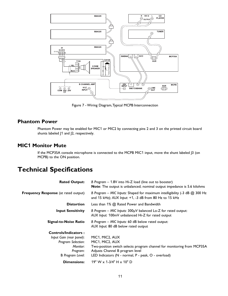 Technical specifications, Phantom power, Mic 1 monitor mute | Bogen Multi-Graphic MCPB User Manual | Page 11 / 12