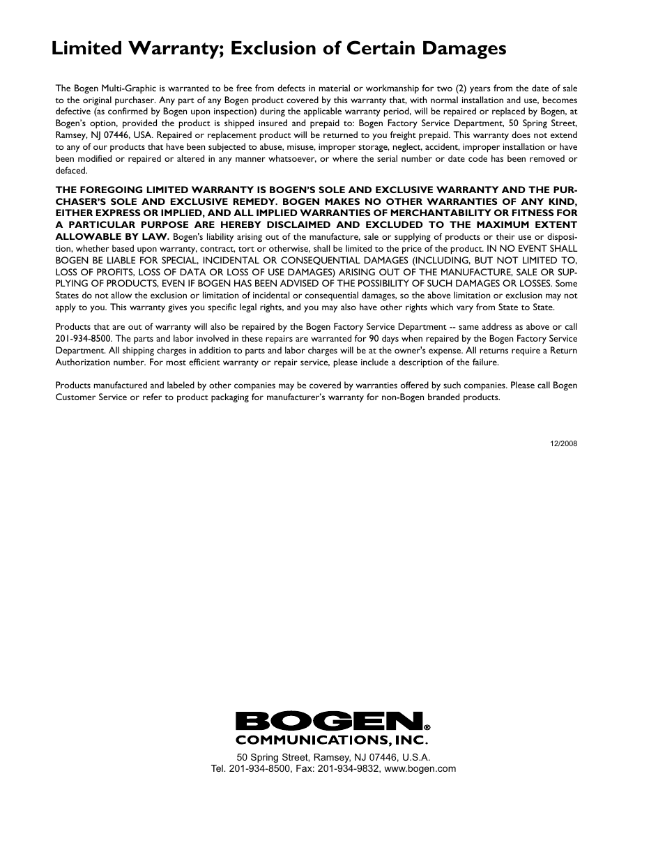 Limited warranty; exclusion of certain damages | Bogen Multi-Graphic MCPB User Manual | Page 12 / 12