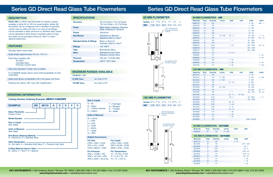 Series gd direct read glass tube flowmeters, Ordering information, 65 mm flowmeter | 150 mm flowmeter, Features, Maximum ranges available, Specifications, Description, 150 mm flowmeters - air, Catalog number ordering example | Key Instruments GD Series User Manual | Page 2 / 4
