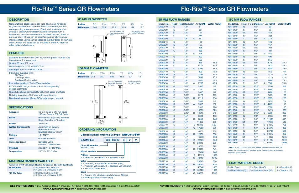 Flo-rite, Series gr flowmeters, Description | 65 mm flowmeter, 150 mm flowmeter, Features, Maximum ranges available, 65 mm flow ranges, 150 mm flow ranges, Float material codes | Key Instruments GR Series User Manual | Page 3 / 4
